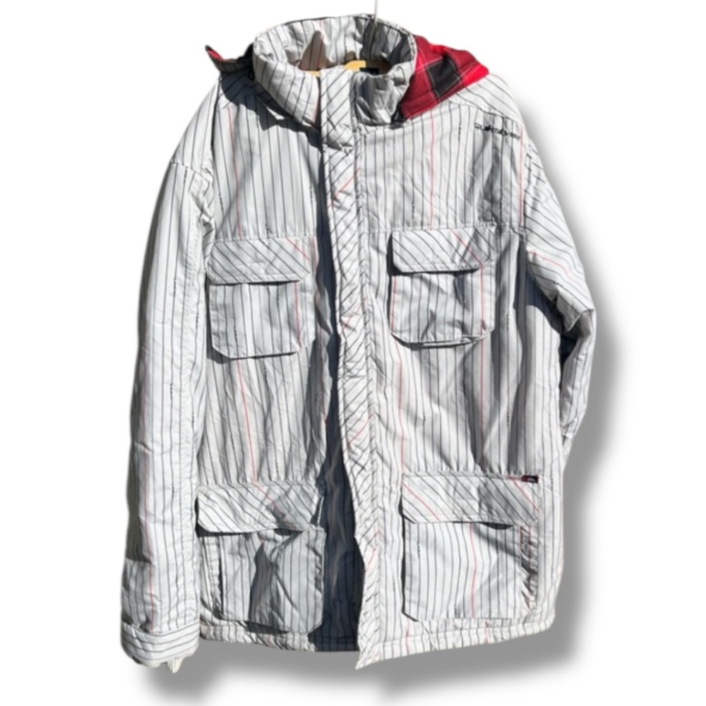 Quiksilver Ski Jacket Size S Striped Logo Snowboarding Coat Hood Y2K Streetwear